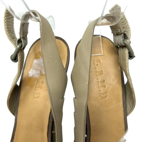 L.A.M.B. Kam Taupe Platform Slingback Wooden Heels Sandals Size 9.5 - Picture 7 of 11